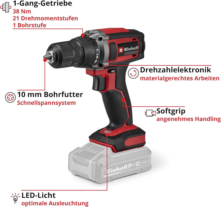 Einhell Akku-Bohrschrauber TC-CD 18/38 Li - Solo Power X-Change (18 V, 38 Nm, 10 mm Schnellspannbohr