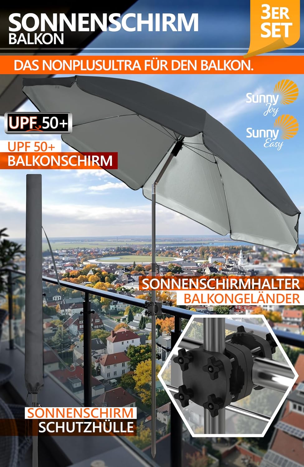 4smile Sonnenschirm Balkon SunnyJoy im 3er-Set - UPF 50+ Balkon Schirm 180 cm + Sonnenschirmhalter B