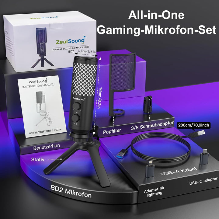 zealsound Gaming Mikrofon PC Handy - Vollmetall-Konstruktion USB Microphone mit Stummschalttaste, fü