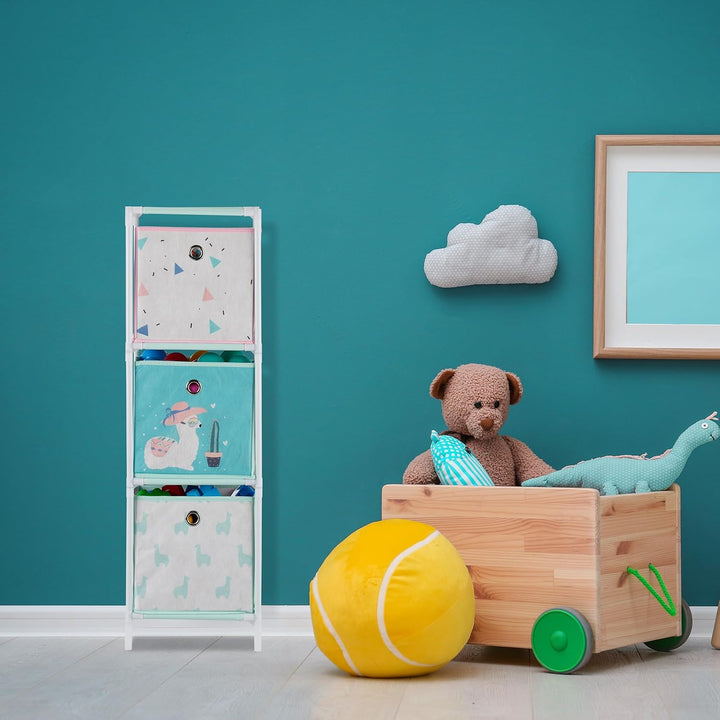 Relaxdays Kinderregal mit 4 Boxen, Jungen & Mädchen, Lama-Design, Regal Kinderzimmer, Spielzeug, HBT