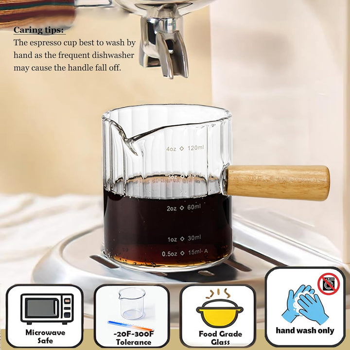 Espressotassen 2er-Set, 118 ml Espresso-Shotgläser mit Holzgriff, Tassen mit V-förmigen Ausgiessern,