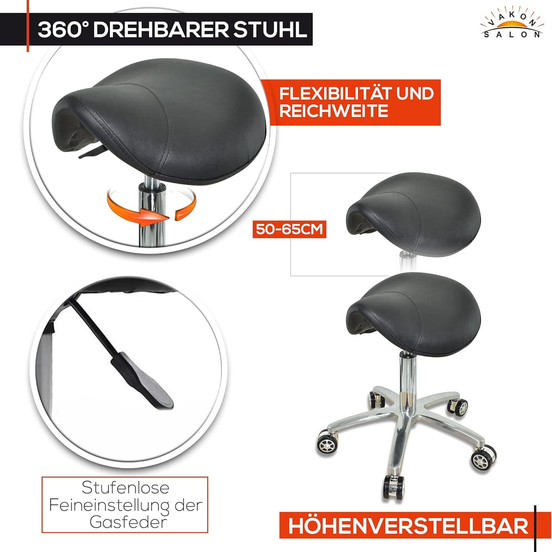 Sattelsitz Rollhocker höhenverstellbar von 50-65 cm, Drehhocker, Rollhocker, Praxishocker, Bürohocke
