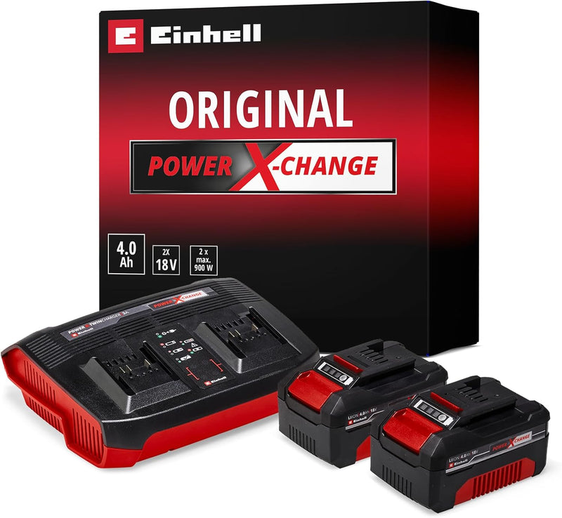 Original Einhell Starter Kit 2x 4,0 Ah Akkus und Twincharger Power X-Change (Li-Ion, 18 V, 75 min La