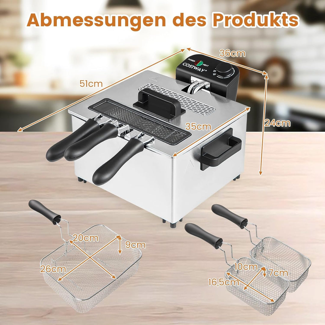 COSTWAY 2000W Elektrische Öl-Fritteuse, 5L Fritteuse Edelstahl mit 3 Frittierkörben, einstellbare Te