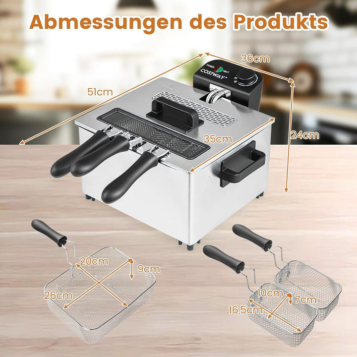 COSTWAY 2000W Elektrische Öl-Fritteuse, 5L Fritteuse Edelstahl mit 3 Frittierkörben, einstellbare Te