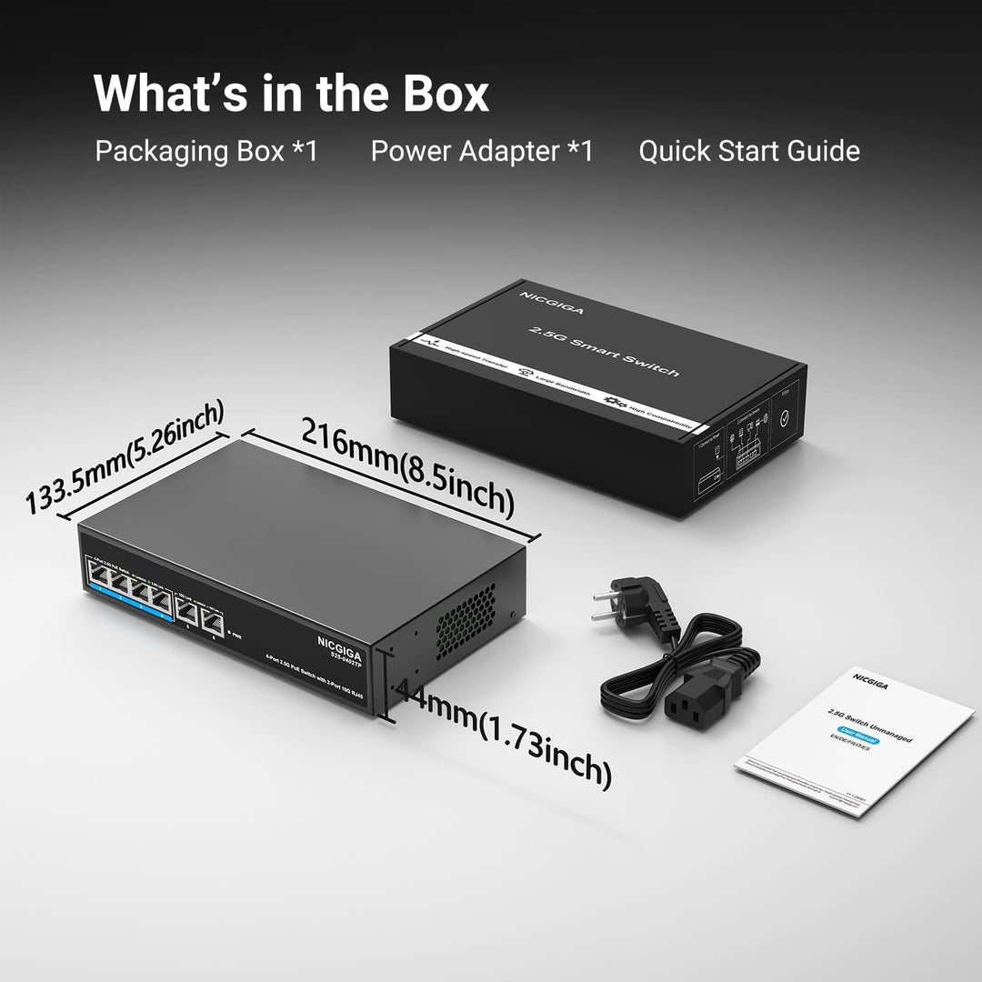 6 Port 2.5Gb PoE Switch Unmanaged with 4 Port 2.5G Base-T PoE+@65W + 2 x 10G RJ45 Uplink, NICGIGA 6