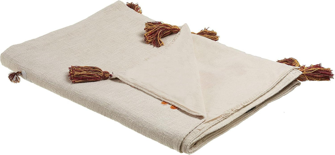 Deko Decke Baumwolle beige/orange mit Lama-Motiv Quasten 130x180 cm Khandwa