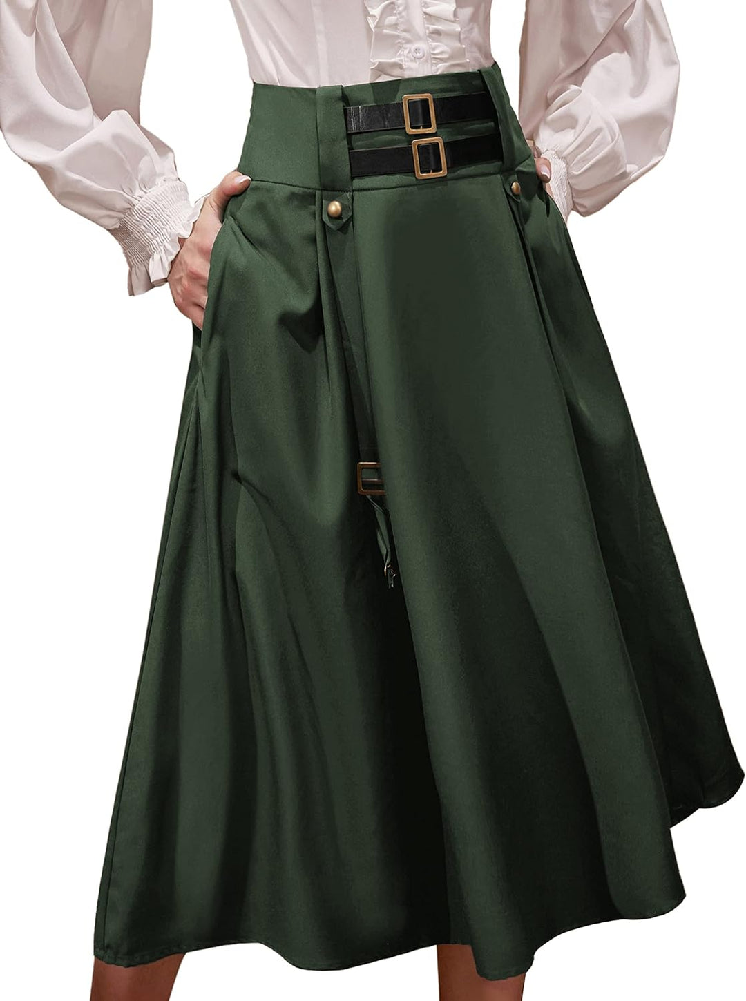 SCARLET DARKNESS Damen Mittelalter Rock Steampunk Knielang mit Schnalle und Riemen Gothic Rock Pirat