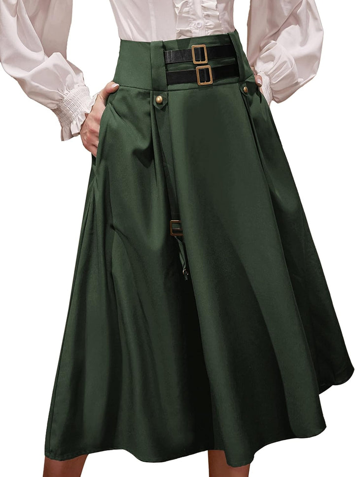 SCARLET DARKNESS Damen Mittelalter Rock Steampunk Knielang mit Schnalle und Riemen Gothic Rock Pirat
