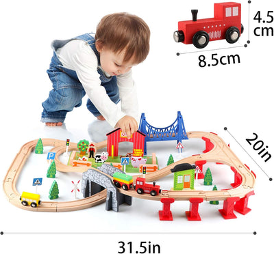 Jacootoys 80 Teile Holzeisenbahn Set Eisenbahn aus Holz Zug Spielzeug kombinierbar Spielzeugeisenbah