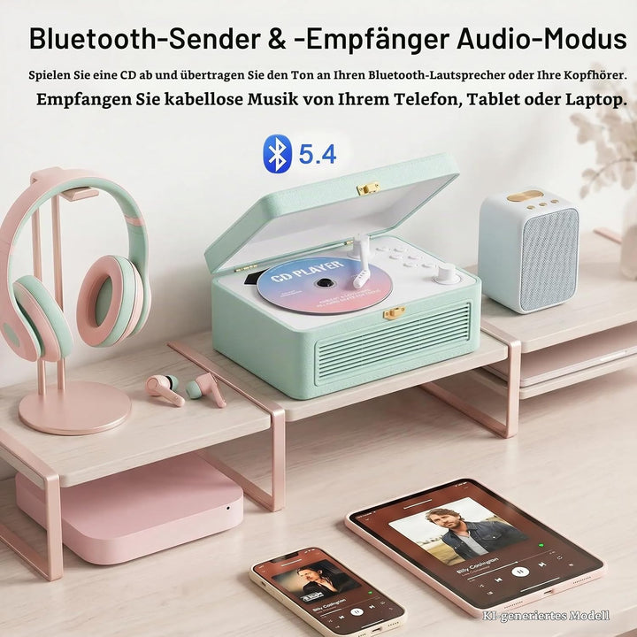 Gueray Tragbarer Bluetooth CD-Player mit Lautsprechern 3600mAh Wiederaufladbarer Vintage CD Spieler