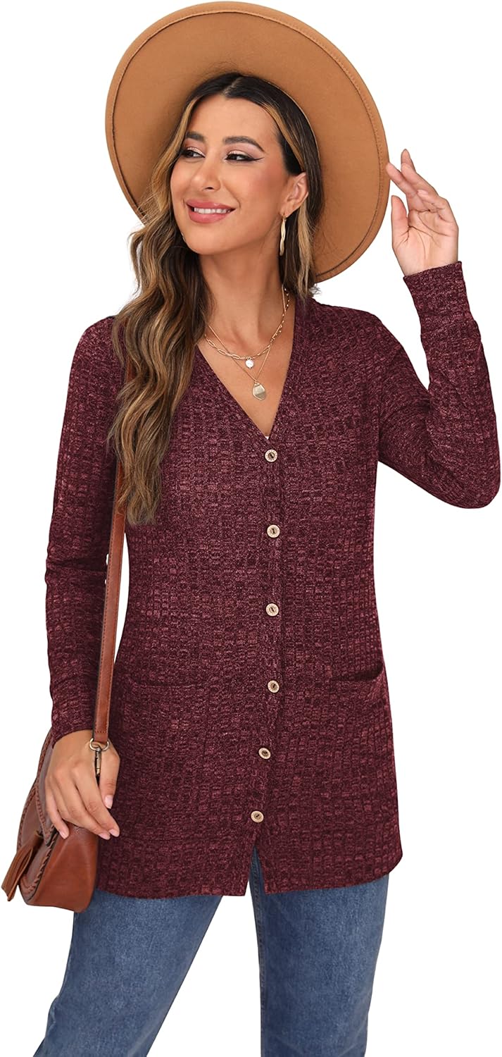 GRECERELLE Damen Lang Strickjacke Herbst Leichte mit Taschen und Knöpfen Weiche Long Elegant Gerippt