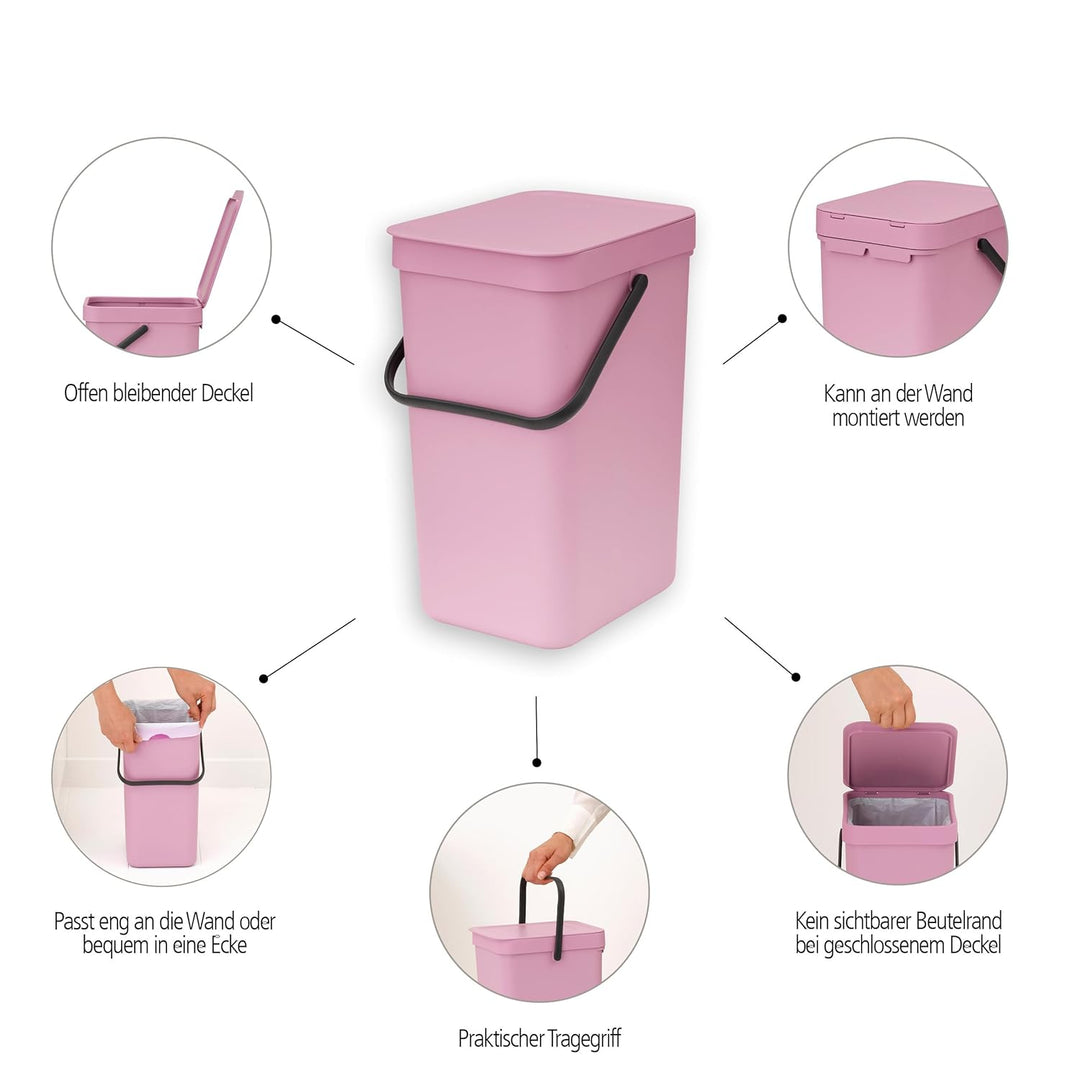 Brabantia Sort & Go Abfalleimer mit Deckel 12 L (Lilac Pink), platzsparender Pfandsammler mit Griff,
