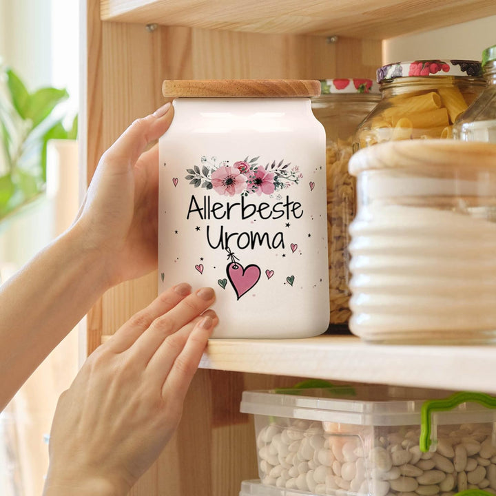 PR Print Royal Vorratsdose mit Spruch - Allerbeste Uroma - Hochwertige Keramikdose mit Holzdeckel -