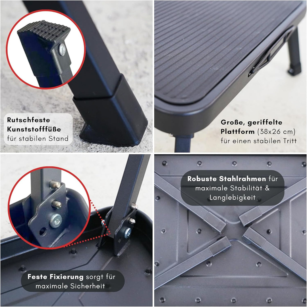 PROREGAL Tritthocker klappbar, XXL Trittfläche 38x26cm Anti-rutsch, bis 150kg, 1,8kg leicht, schwarz