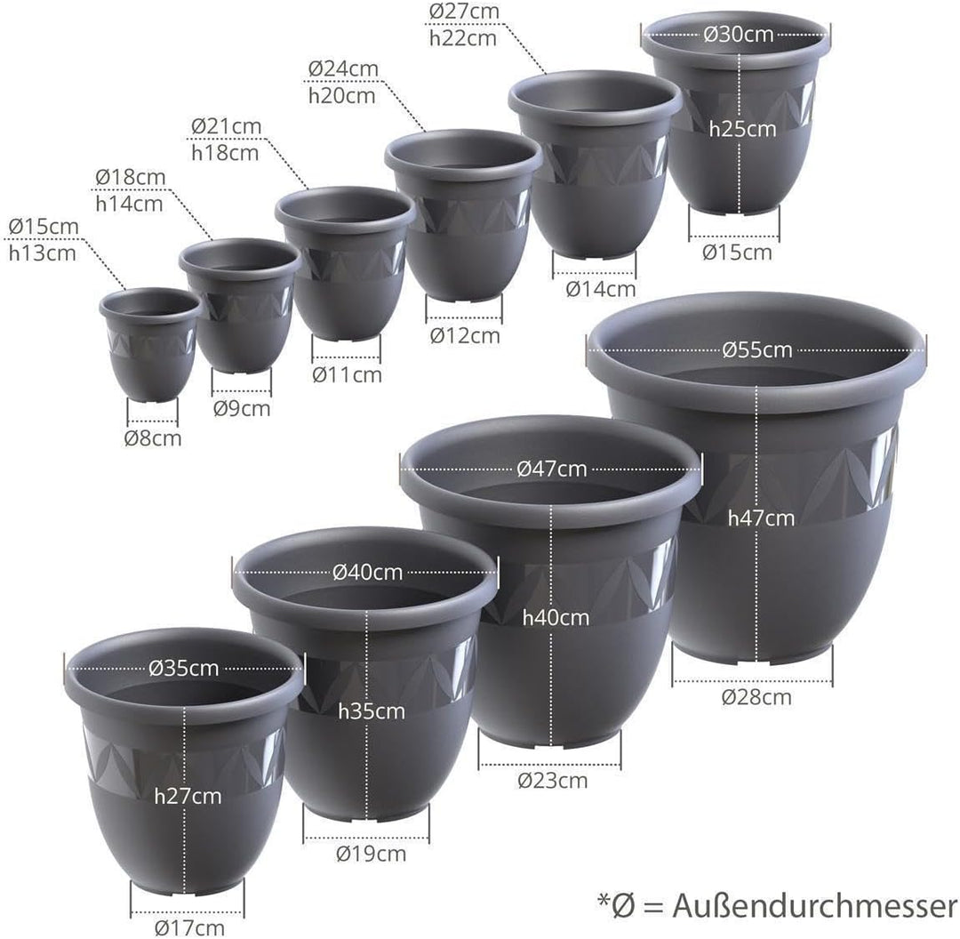Plastard Übertopf 5er Set Durchmesser 35 cm Anthrazit Blumentopf für Innen und Aussen aus Kunststoff