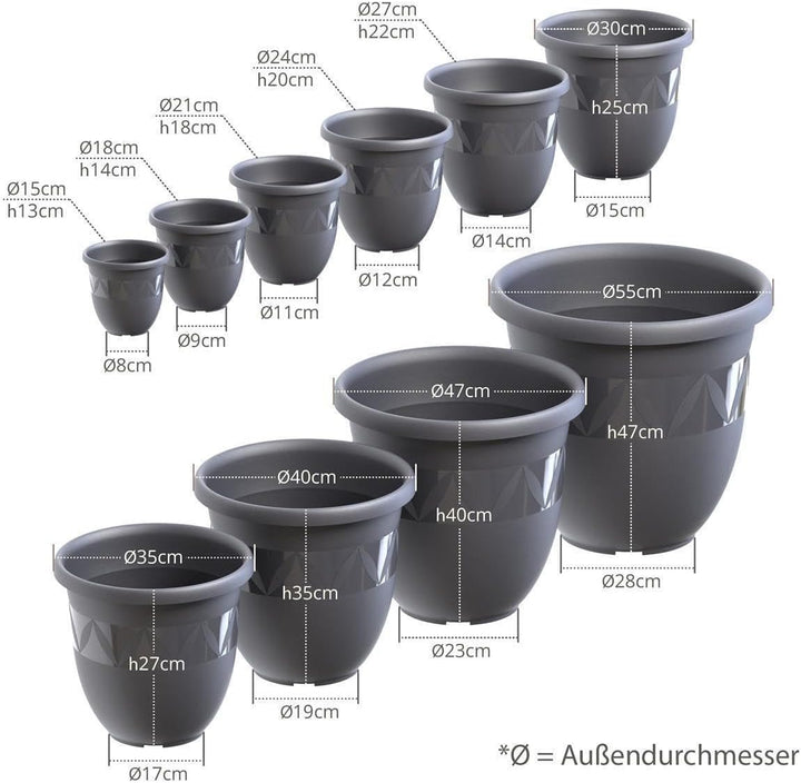 Plastard Übertopf 5er Set Durchmesser 35 cm Anthrazit Blumentopf für Innen und Aussen aus Kunststoff