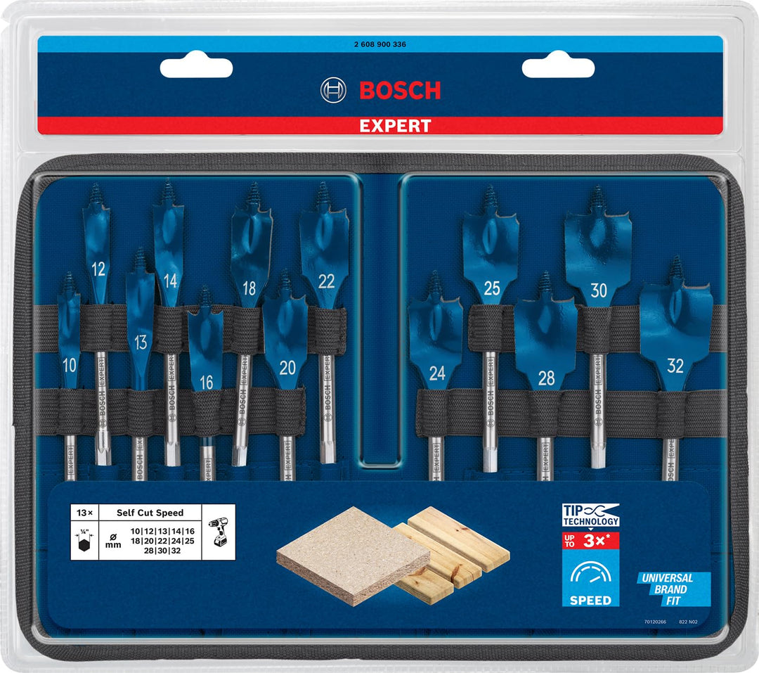 Bosch Accessories 13x Expert SelfCut Speed Flachfräsbohrer Set (für Weichholz, Grobspanplatte, Ø 10-