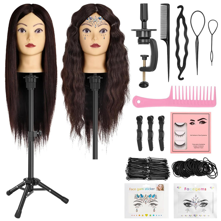 ekavo Friseurkopf mit Stativ, Trainingsköpfe mit 90% Echthaar 58CM, Schaufensterpuppe zum Frisieren,