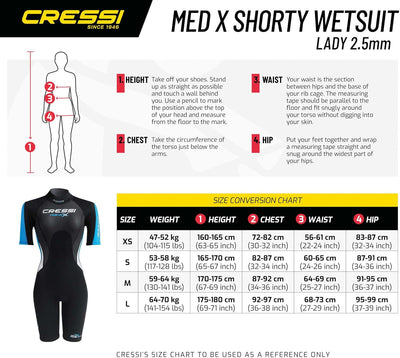 Cressi Med X Lady Shorty 2.5mm - Damen Neopren Shorty Neoprenanzug 2.5 mm XL Schwarz/Orange/Silber,