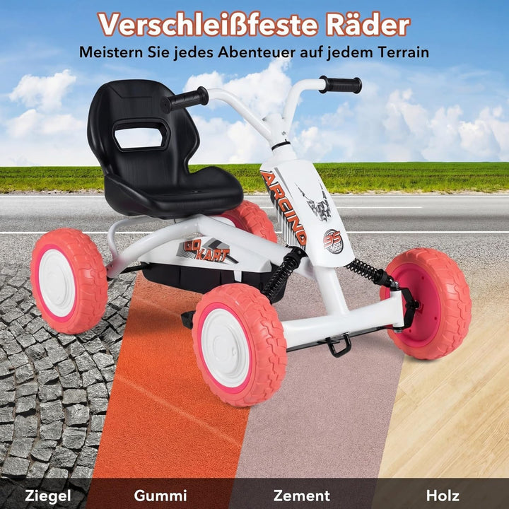 DREAMADE Kinder Go Kart, Gokart mit einstellbarem Sitz & Rückenlehne, Tretfahrzeug mit Vorwärts- & R