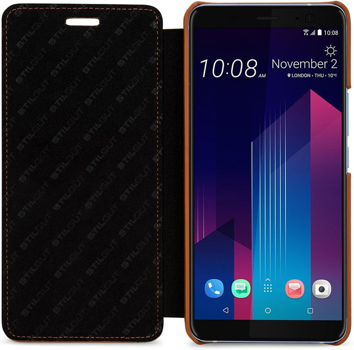 STILGUT Book Type Case, Hülle Leder-Tasche für HTC U11+ (U11 Plus). Seitlich klappbares Flip-Case au