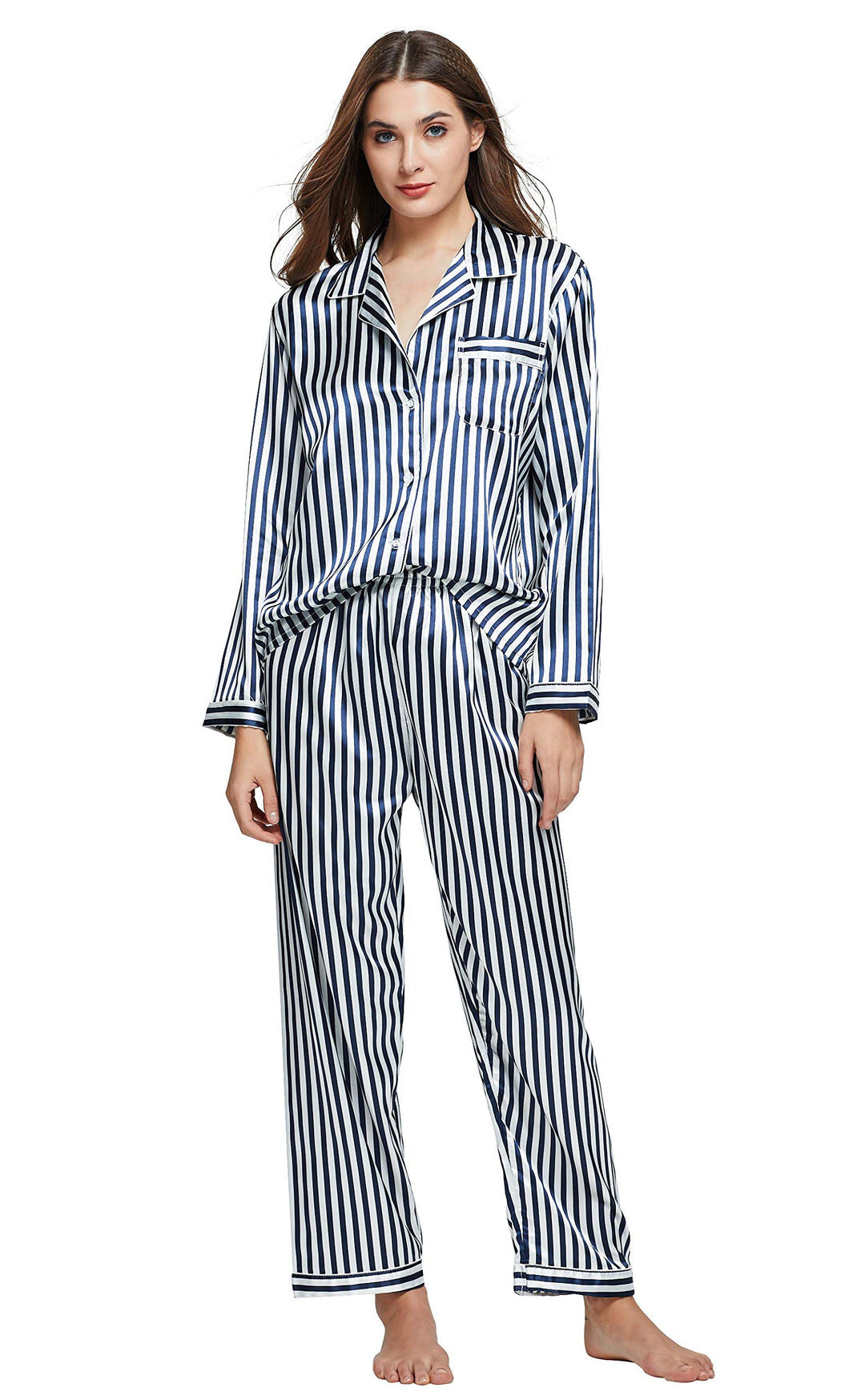 Damen Schlafanzug Pyjama Satin Lang Nachtwäsche Set Klassische Loungewear M Blau Weiss Gestreift, M