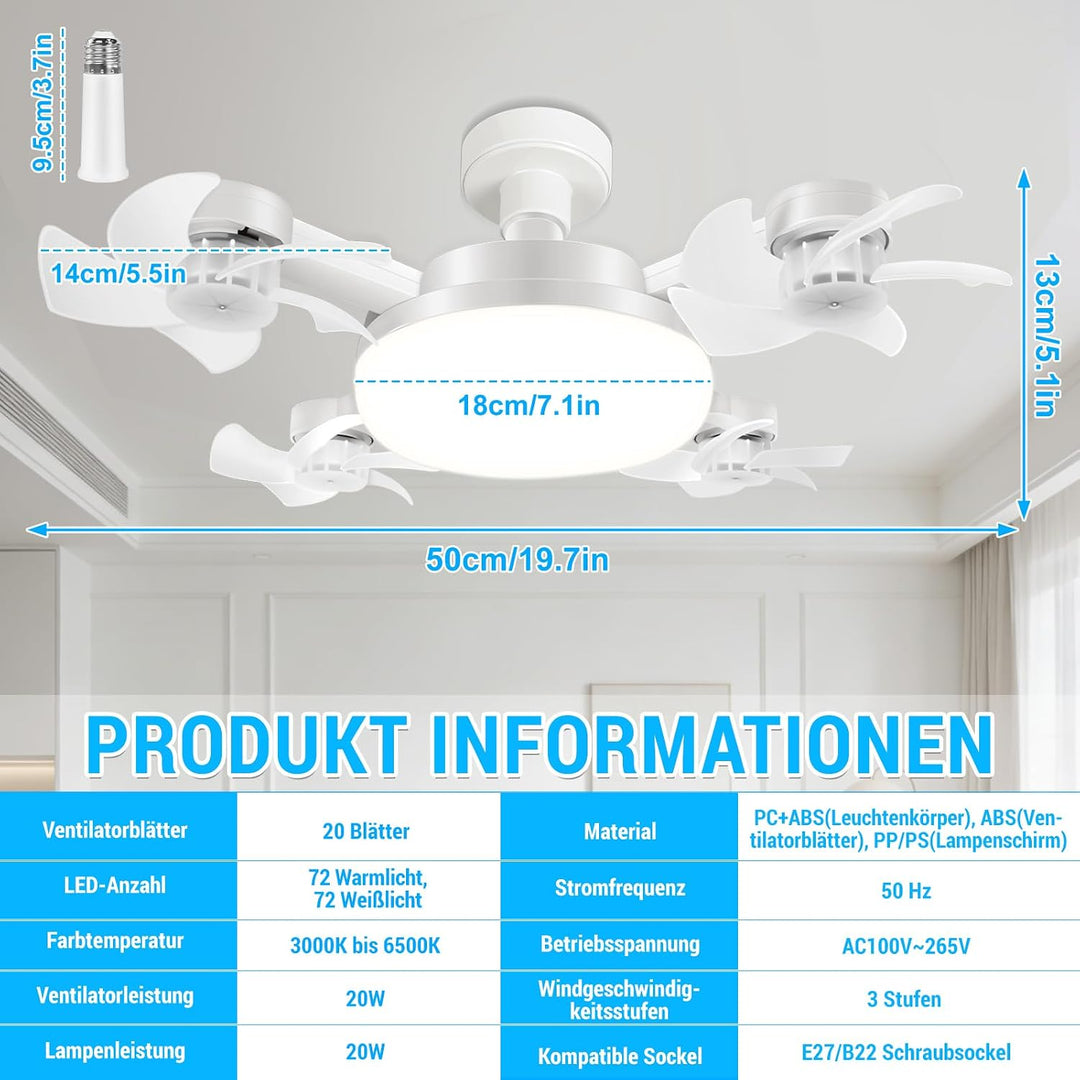 Deckenventilator mit Beleuchtung, 50CM Faltbarer Lampe mit Ventilator, Timer- und Speicherfunktion,