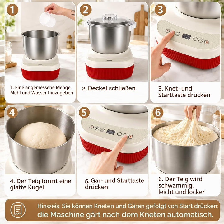 Teigknetmaschine 7L Edelstahl mit Gärfunktion, Timer &amp; Saugfüssen