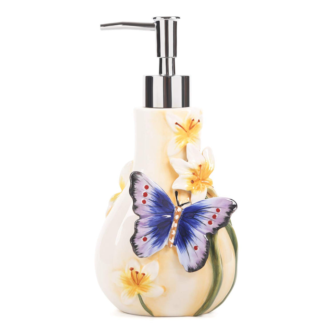 Seifenspender Keramik 3D Handbemalt Schmetterling und Lilien Blume Lotion Spender Badezimmer Zubehör