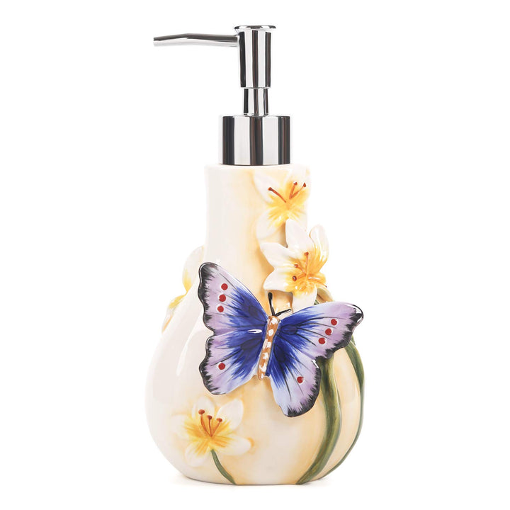 Seifenspender Keramik 3D Handbemalt Schmetterling und Lilien Blume Lotion Spender Badezimmer Zubehör
