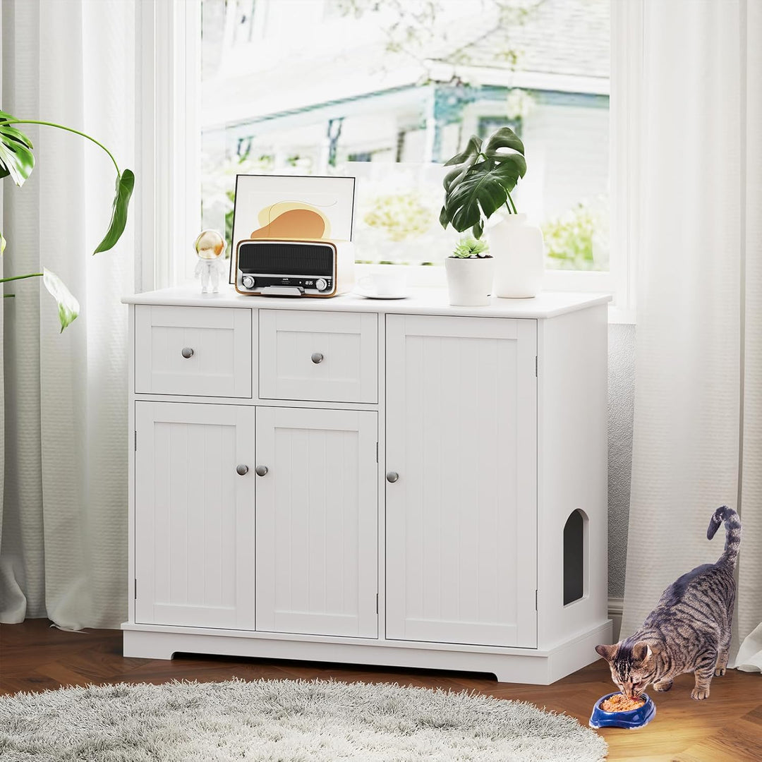 COSTWAY Katzenschrank für Katzentoilette, Katzenklo Schrank mit 2 Schubladen, 3 Türen & Eingang, Kat
