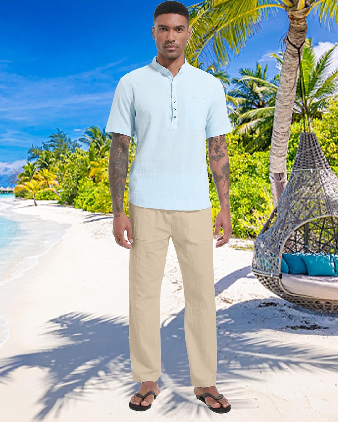 LVCBL Leinenhose Herren Sommer Herbst Lose Lässige Leinenhose mit Taschen Elastischer Bund M Khaki,