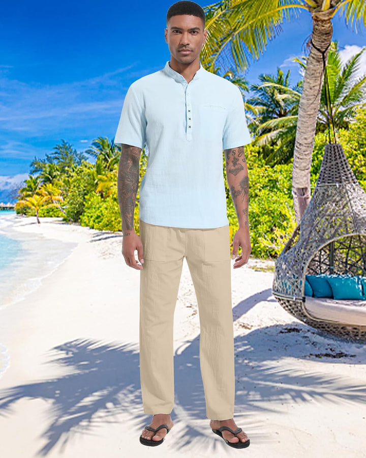 LVCBL Leinenhose Herren Sommer Herbst Lose Lässige Leinenhose mit Taschen Elastischer Bund M Khaki,