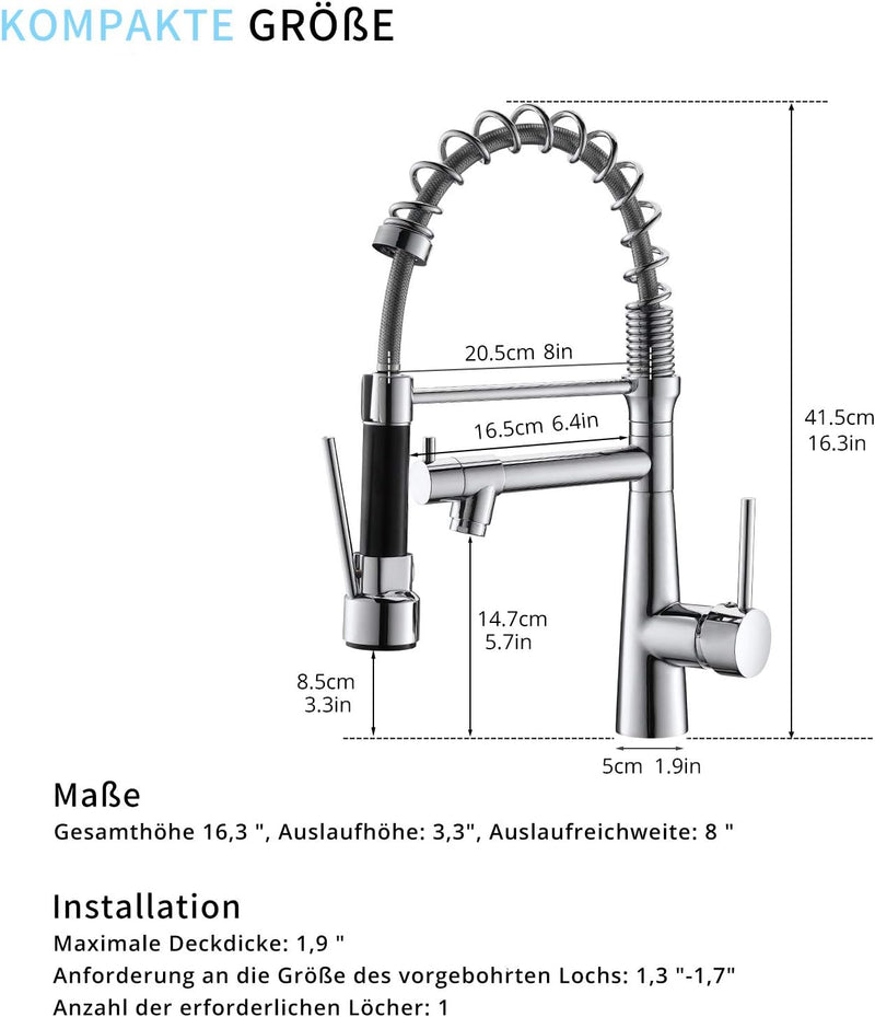 TIMACO Wasserhahn Küche Chrome Küchenarmatur mit Spiralfeder, 360°Schwenkbare Spültischarmaturen mit