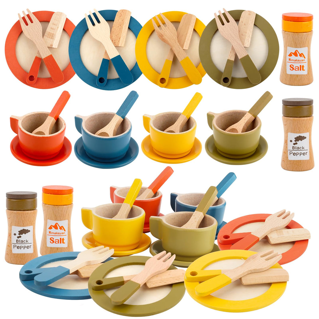 26PCS Holzgeschirr Sett, Kinderküche Zubehör, Spielküche Geschirr für Kinder, Küche Zubehör Kinder,