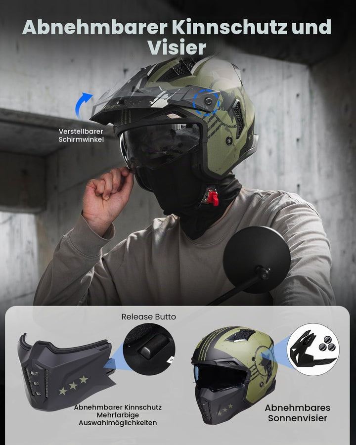ILM Helm Motorrad Motocross Herren Damen Vintage Retro mit Visier ECE Model Z302,Armee Grün, M M Arm
