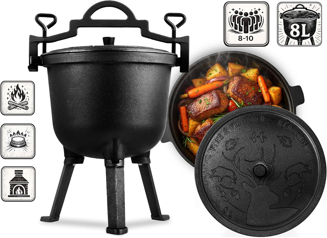Berdsen Gusseisen Topf 8 L Dutch Oven - Feuertopf für Lagerfeuer und Grill - Gleichmässiges Garen -