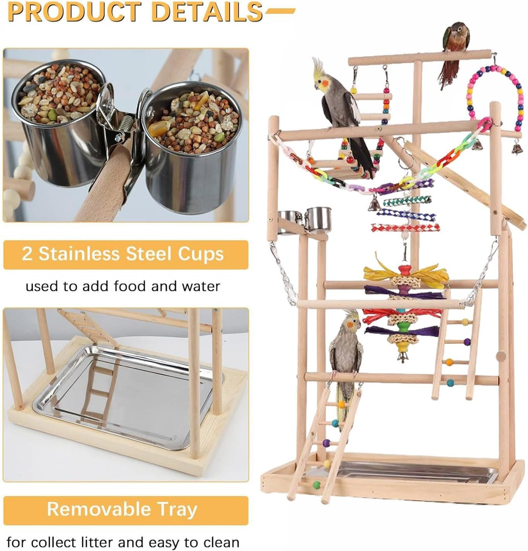 TOOSOAR Vogelspielplatz aus Holz,mit Edelstahl-Feeder-Cup,Bunte Kunststoffkette für Haustiere,für Pa