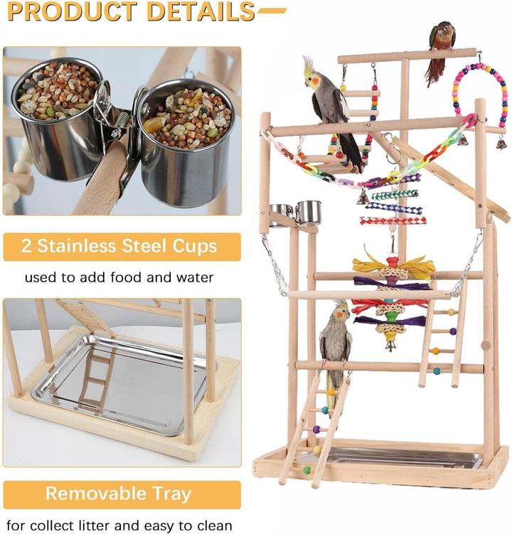 TOOSOAR Vogelspielplatz aus Holz,mit Edelstahl-Feeder-Cup,Bunte Kunststoffkette für Haustiere,für Pa