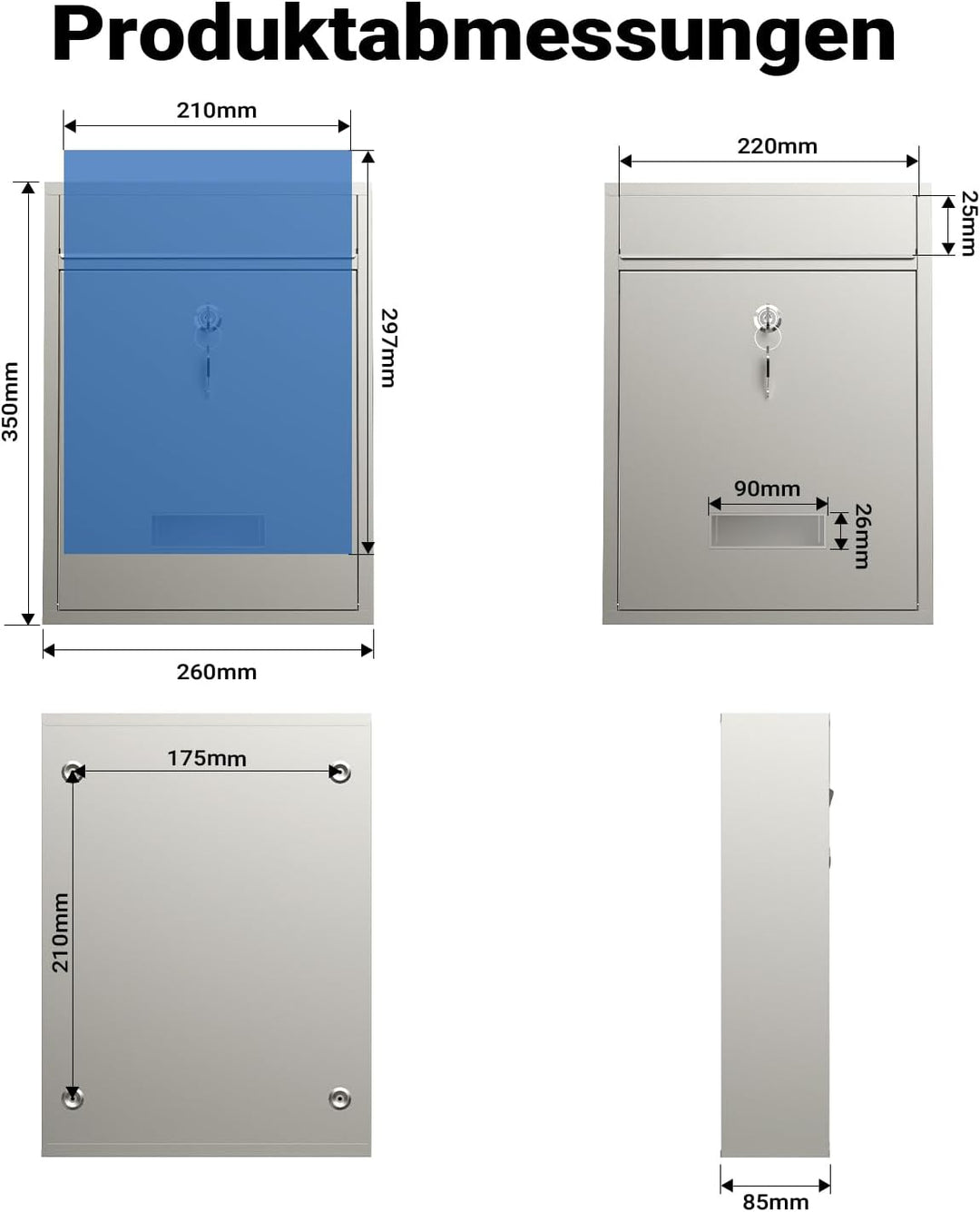 Wiltec Briefkasten V10 Edelstahl 260 x 90 x 350 mm, Wandbriefkasten mit Schloss und Namensschild, Po
