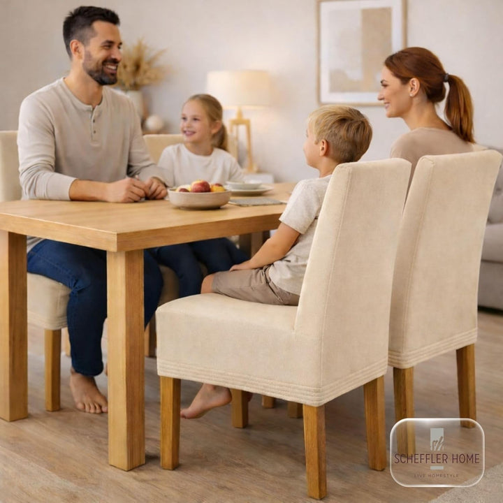 SCHEFFLER-Home Stuhlhussen 4er Set Leon Ecru/elastische Wildleder Hussen für Stühle/Robustes Freisch