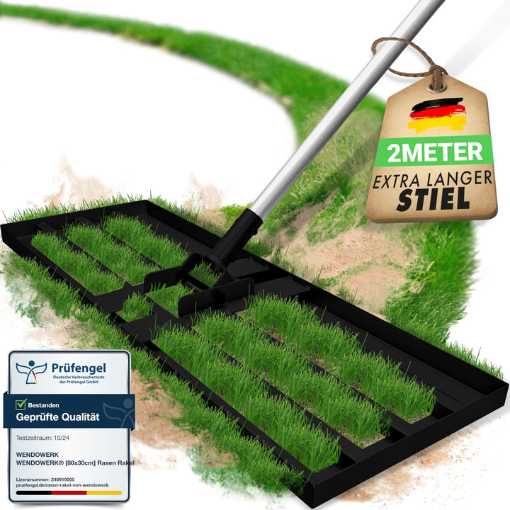 [80x30cm] Rasennevilierrechen Schwarz mit extra langem Stiel [2 Meter] Inkl. Gartenhandschuhe - Hand