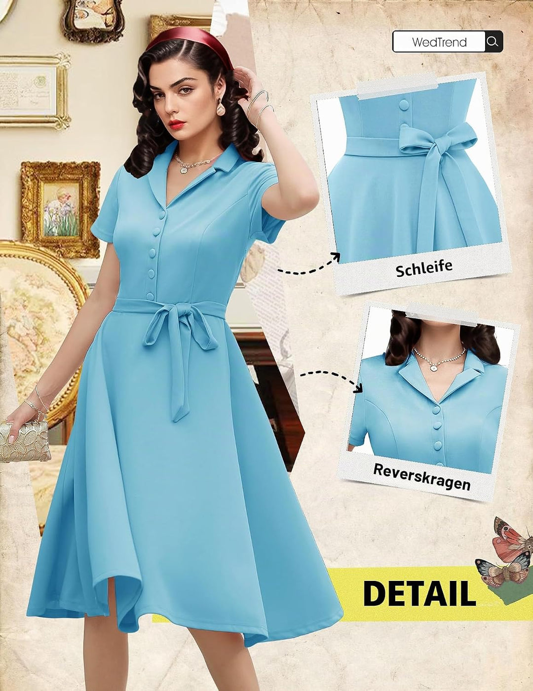 Wedtrend Vintage Cocktailkleid Damen A Linie Midilang V-Ausschnitt Abendkleid Elegant Freizeitkleide