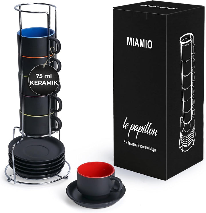 MIAMIO - 6 x 75 ml Espressotassen Set/Espresso Tassen Set mit Untertasse & Ständer - Kaffeetassen Se