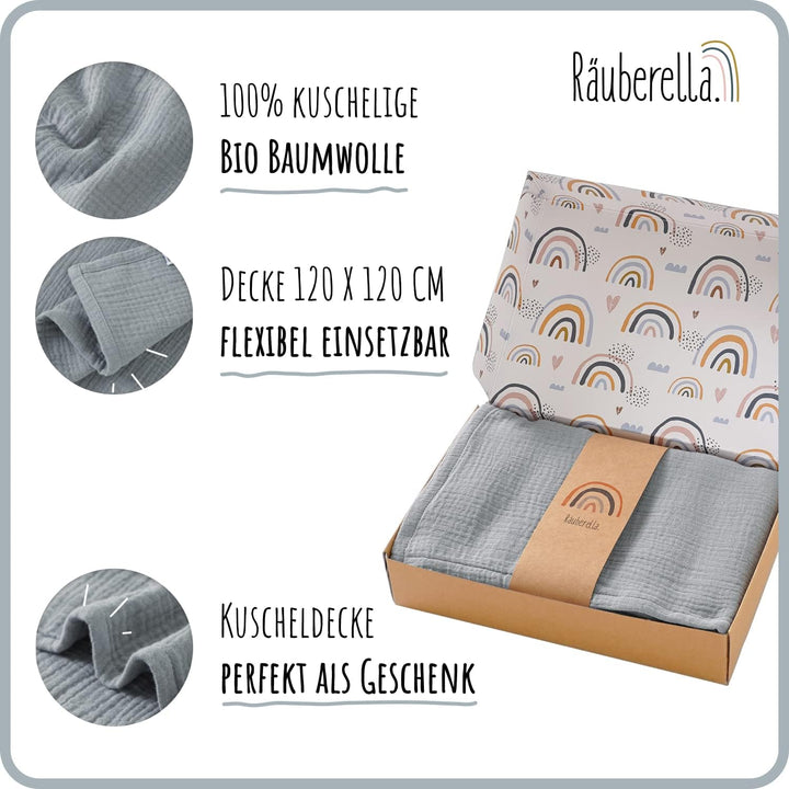 Räuberella ® Original Kuscheldecke 120cm x 120cm Babydecke aus 100% Musselin Bio Baumwolle - Geschen
