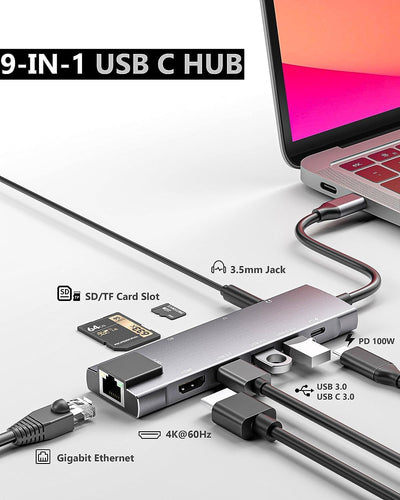 USB C Hub 9 in 1 Multiport Adapter w/Gigabit Ethernet, 100W PD, 4K@60Hz, 2 USB 3.0, USB C 3.0 Data,