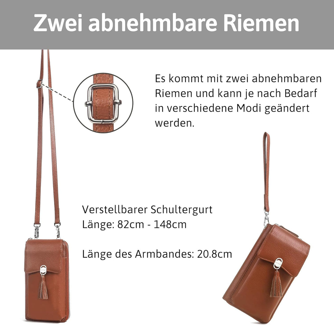 Pearl Angeli Weiches Echtes Leder Handy Umhängetasche - Handytasche Geldbörse Damen RFID Schutz klei