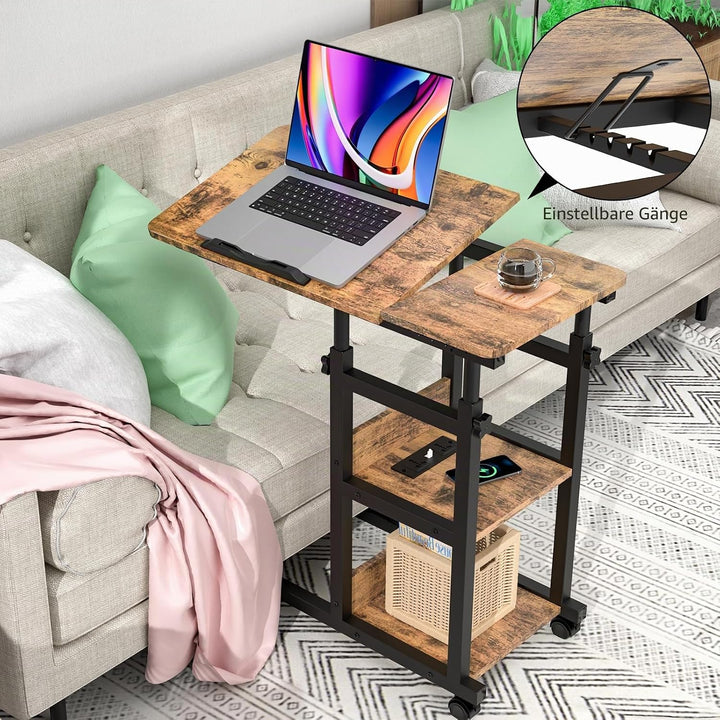 PIPIPOXER Beistelltisch mit Rollen, 80cm x 40 cm Sofatisch Rollen mit Steckdose &amp; USB, Laptoptisch H