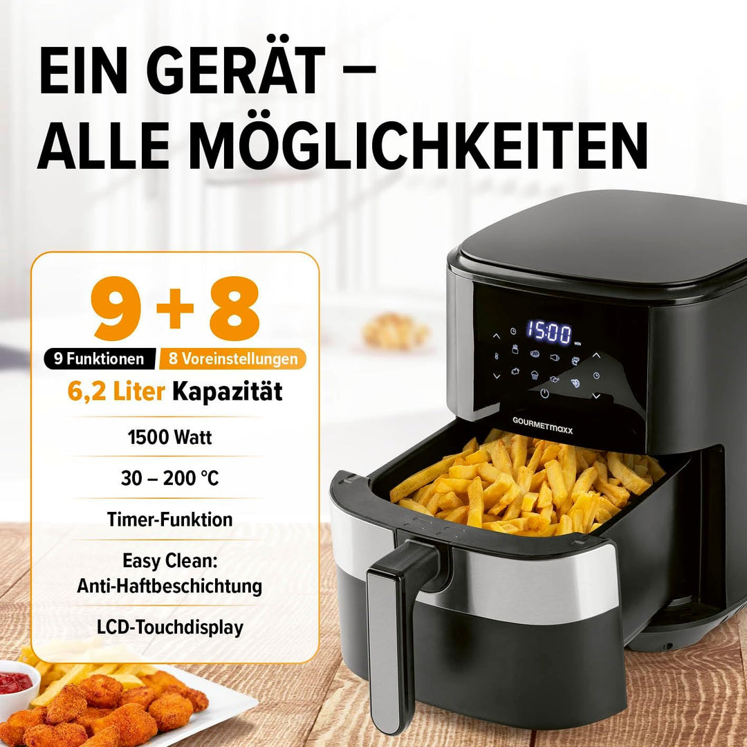 GOURMETmaxx Digitale Heissluftfritteuse XL 6,2 L | Airfryer mit Timerfunktion & Touchdisplay | geruc